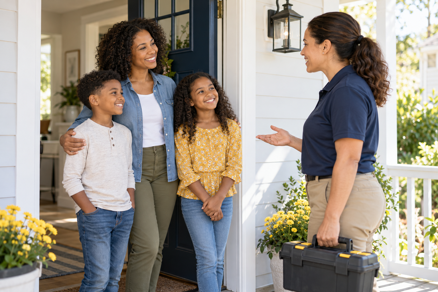 Illustrative family welcoming a home service professional